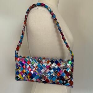 Y2K Upcycled woven candy wrapper shoulder bag - colorful statement purse